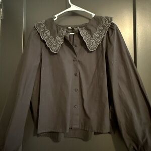 Zara Black Women's top with embroidered collar detail